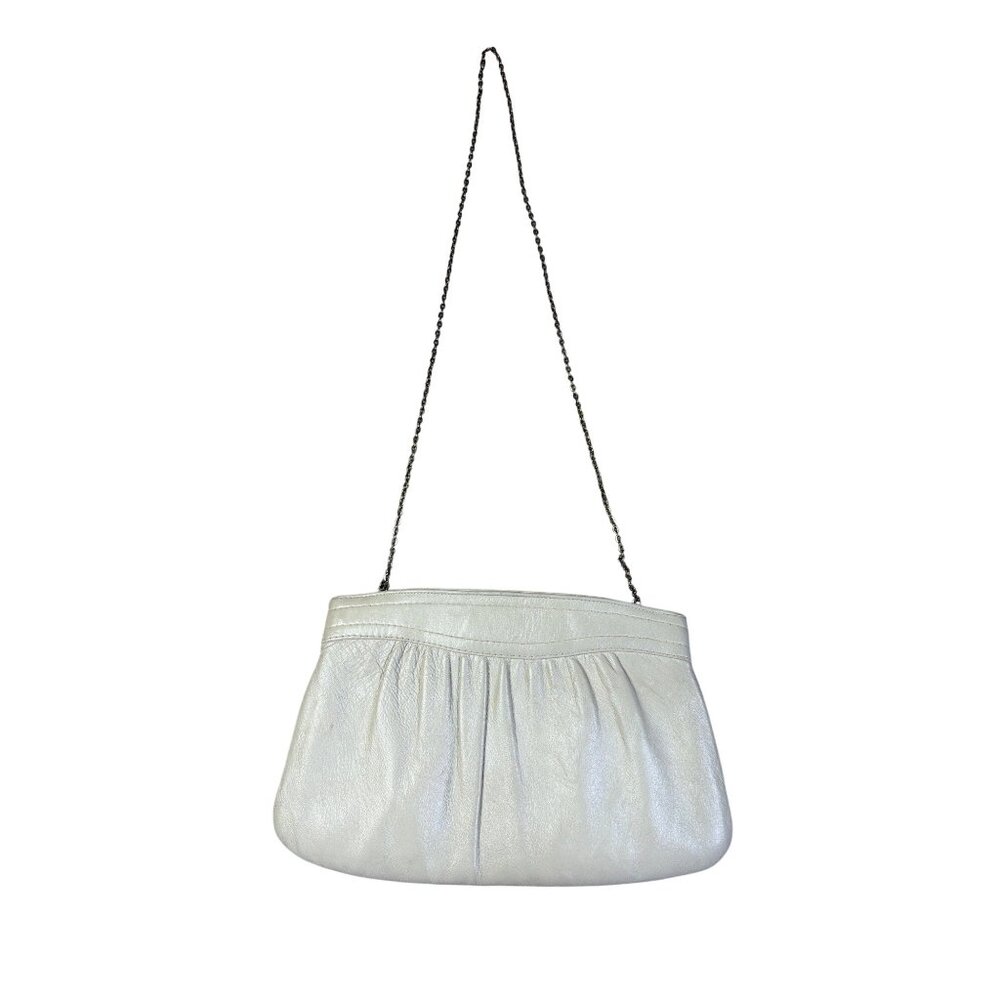 Vintage White Leather Clutch Purse With Chain Strap & Kiss Lock Closure